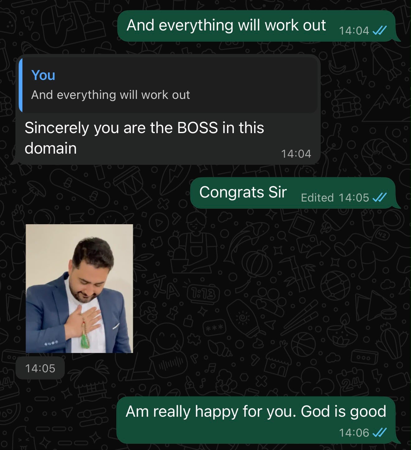 Follow-up WhatsApp chat celebrating a client's approved study visa for Malta