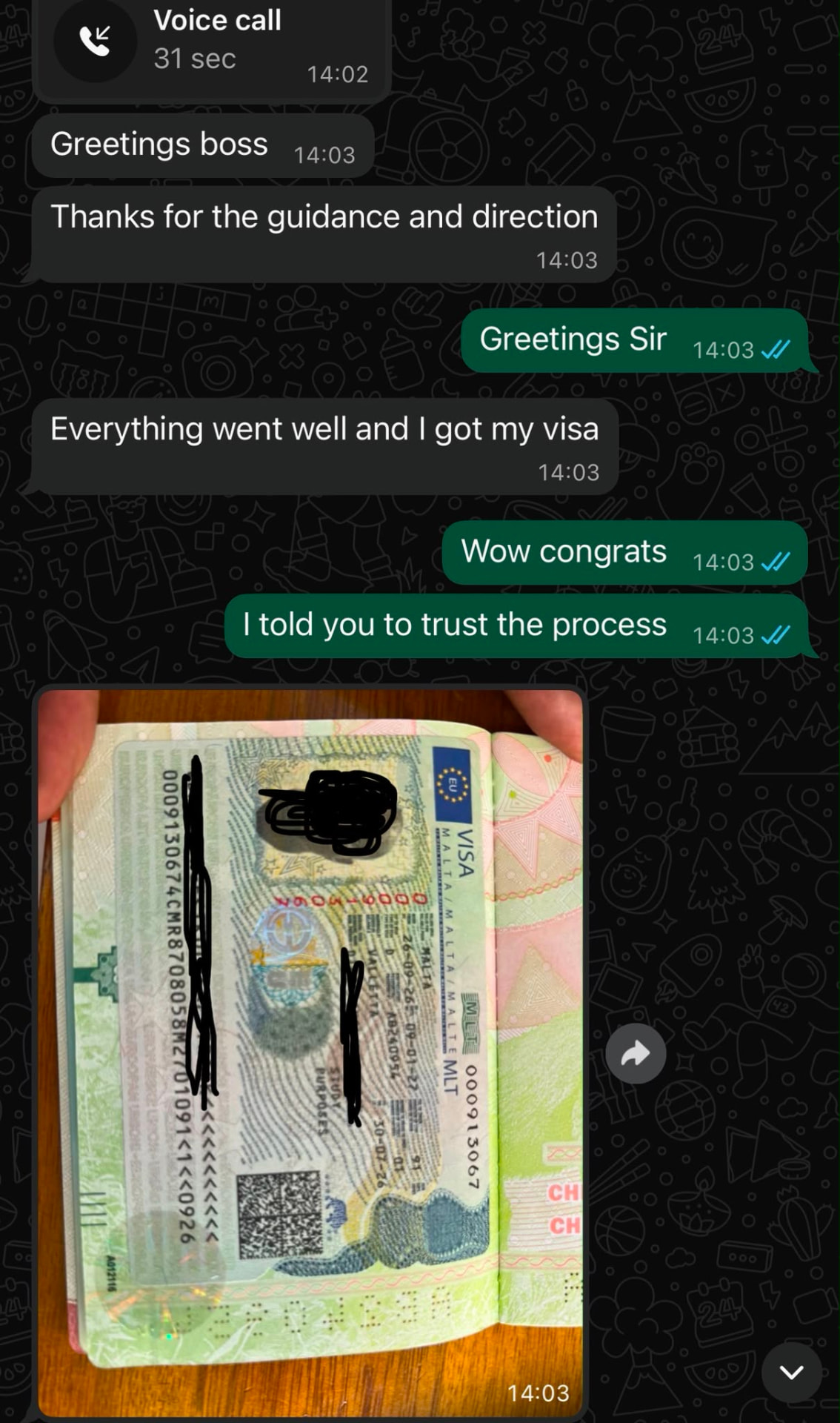 WhatsApp chat showing a client thanking Rozay Consultancy after their study visa for Malta was approved