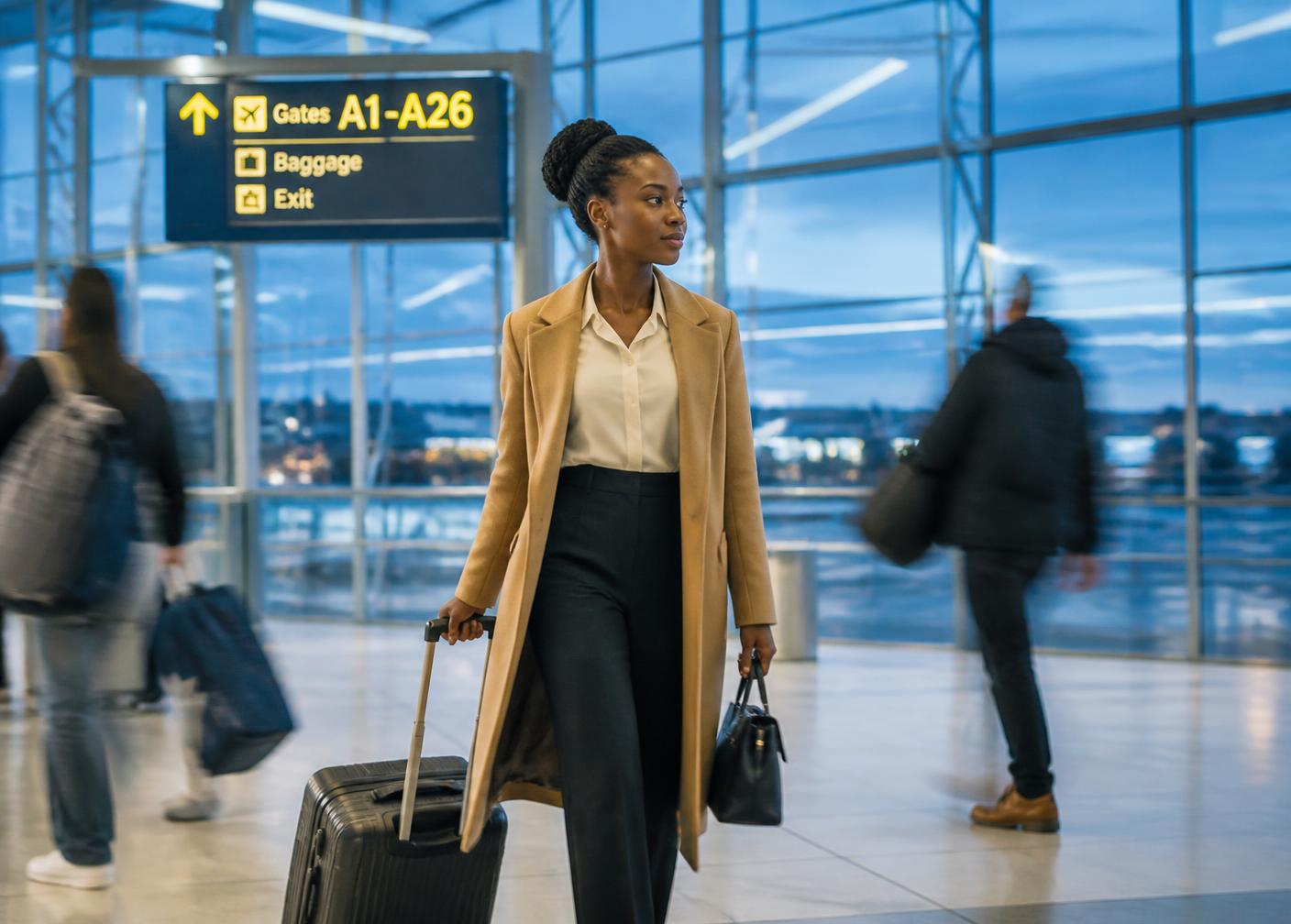 Young African professional arriving at a European airport terminal
